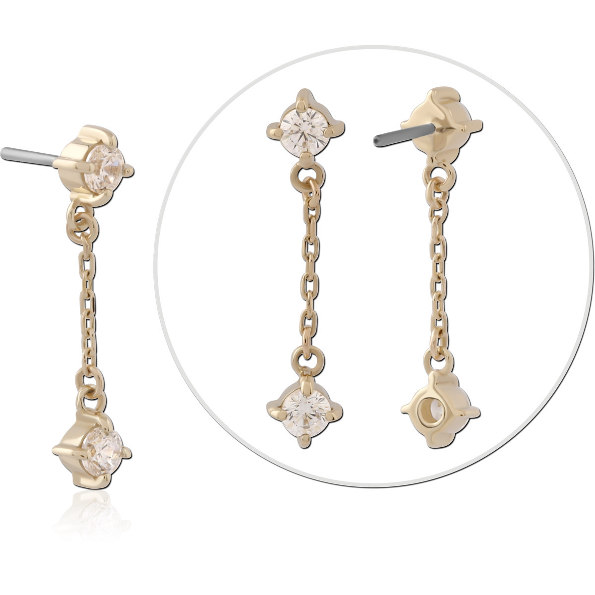 14K YELLOW GOLD TOP WITH TITANIUM THREADLESS PIN DOUBLE FLOWER GEMS WITH CHAIN DANGLE