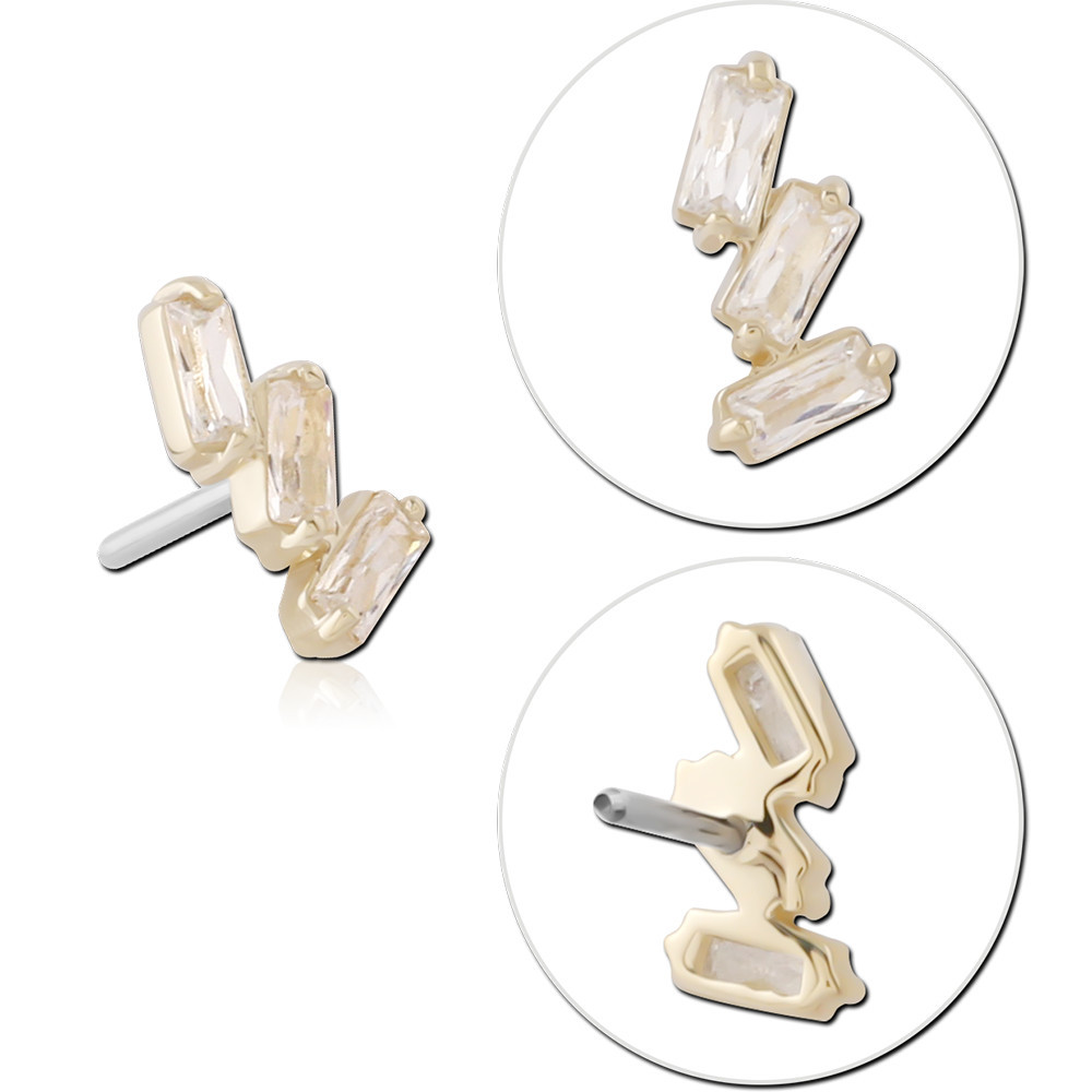 14K YELLOW GOLD THREADLESS TOP TRIPLE STACKED BAGUETTE GEM CLUSTER