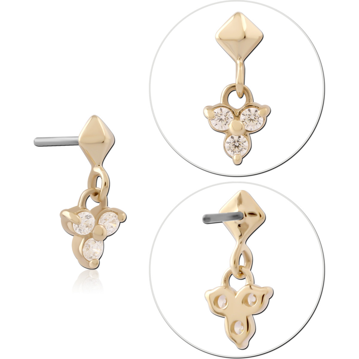 14K YELLOW GOLD TOP WITH TITANIUM THREADLESS PIN TRIPLE GEM DANGLE