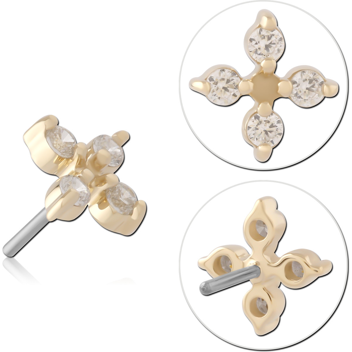 14K YELLOW GOLD ATTACHMENT WITH TITANIUM THREADLESS TOP FOUR CLEAR GEM CLOVER