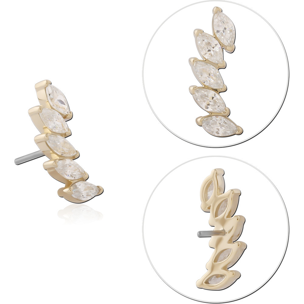 14K YELLOW GOLD TOP WITH TITANIUM THREADLESS PIN FIVE MARQUISE GEM CURVE