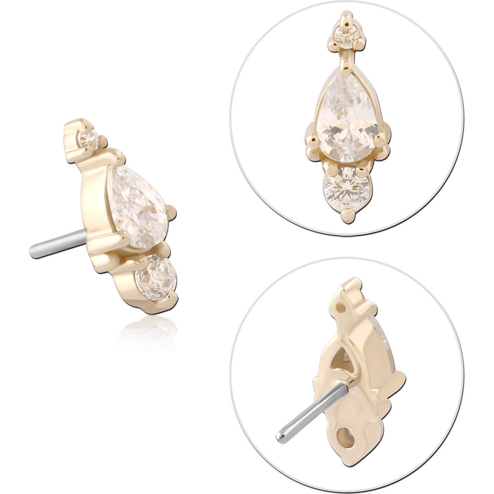 14K YELLOW GOLD TOP WITH TITANIUM THREADLESS PIN PEAR AND ROUND GEM
