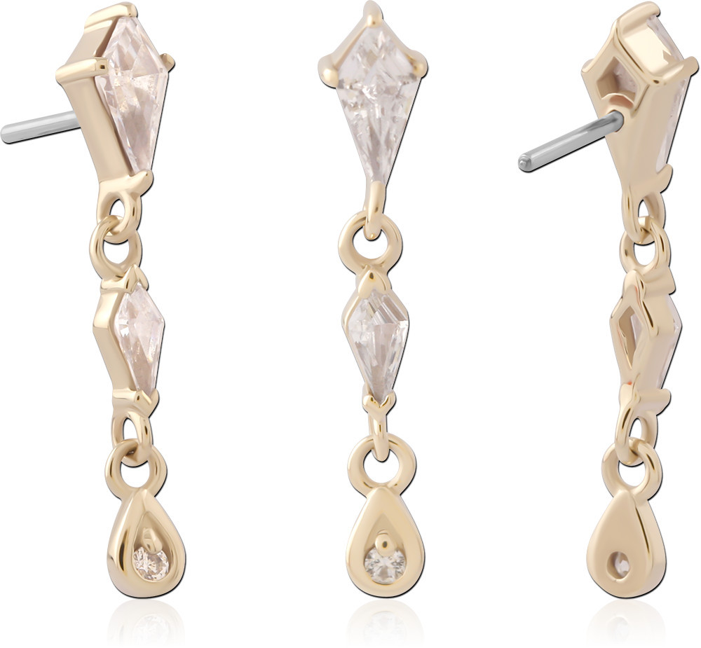 14K YELLOW GOLD THREADLESS TOP GEOMETRIC GEM DROP WITH TEARDROP GEM CHARM