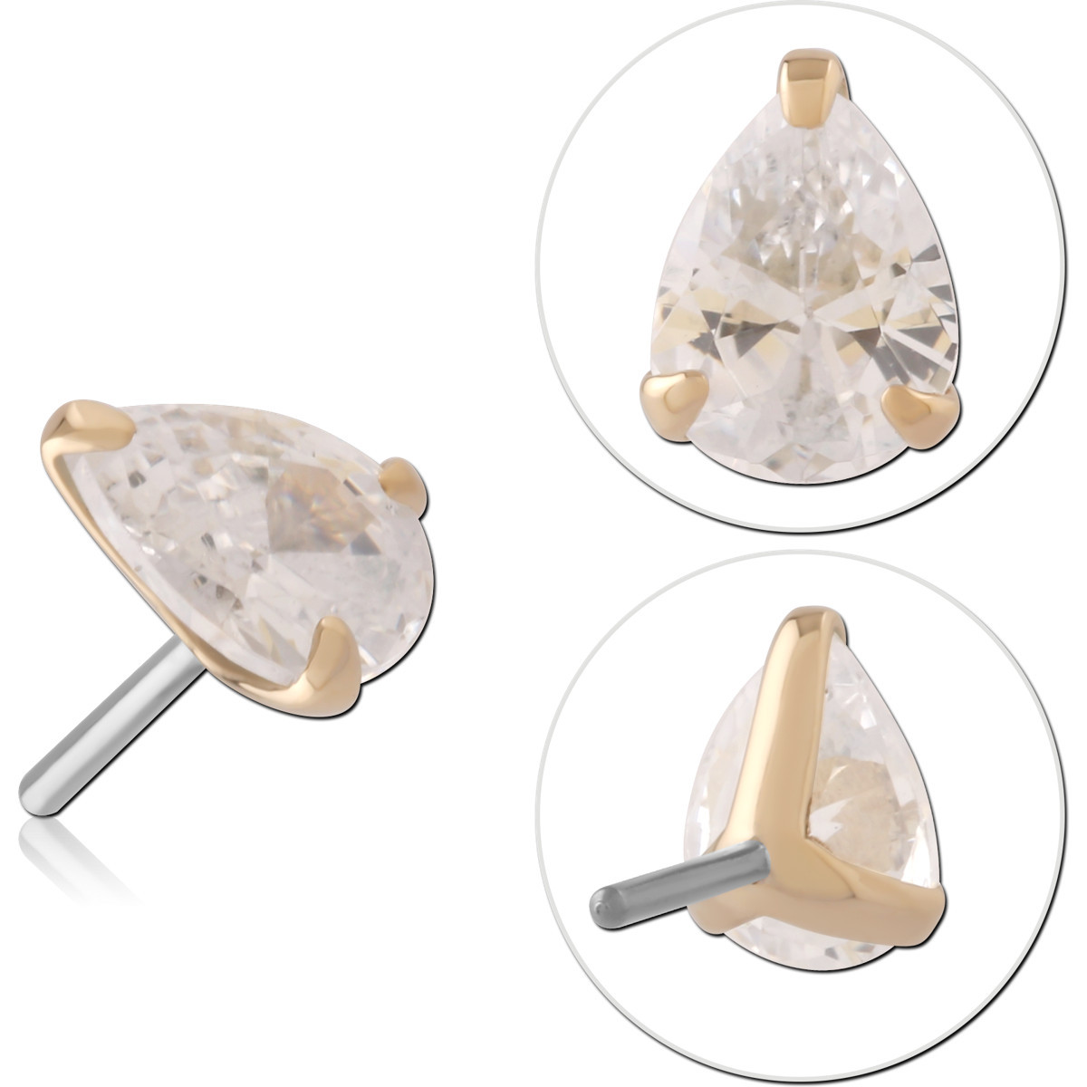 14K YELLOW GOLD TOP WITH TITANIUM THREADLESS PIN PEAR CLEAR GEM PRONG