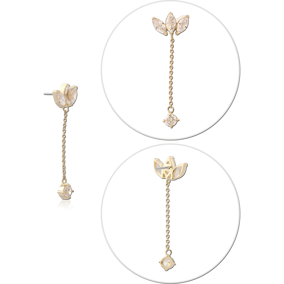 14K YELLOW GOLD THREADLESS TOP MARQUISE CLEAR GEM CLUSTER WITH CHAIN GEM DROP CHARM