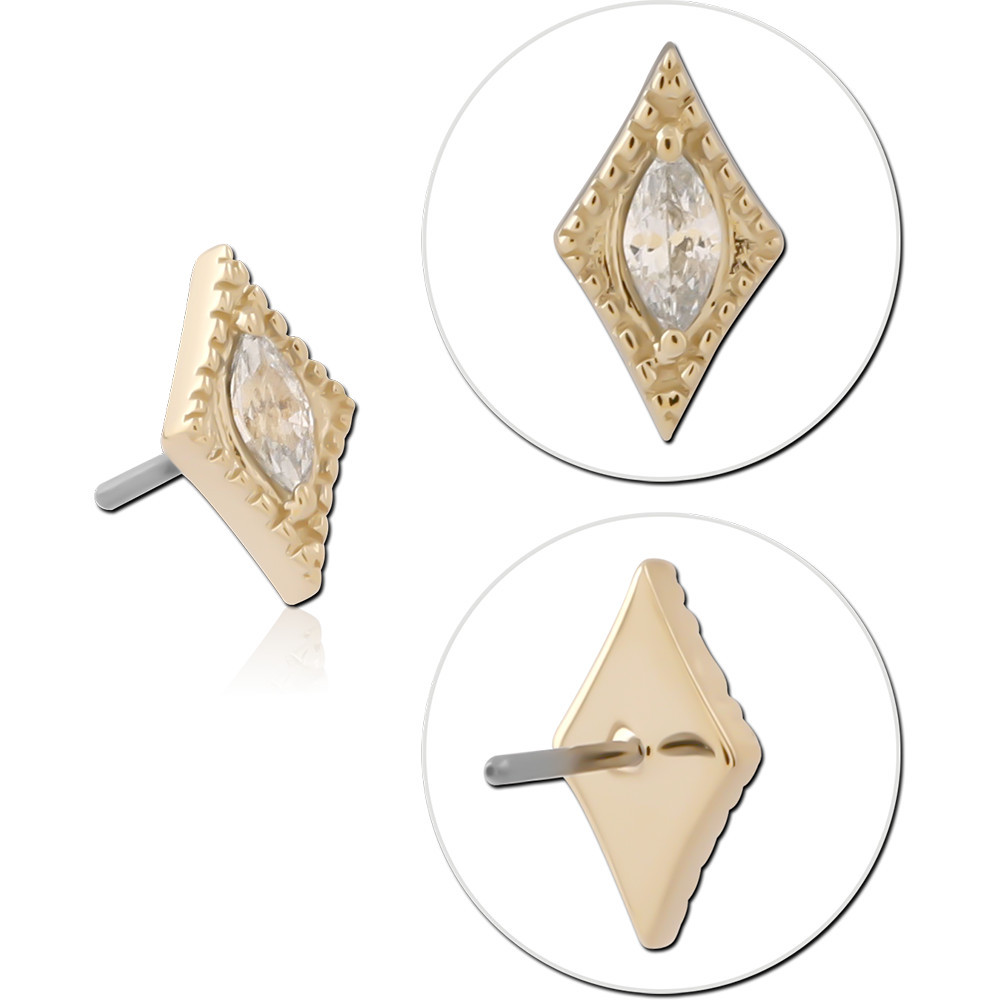 14K YELLOW GOLD TOP WITH TITANIUM THREADLESS PIN MARQUISE GEM BEADED FRAME