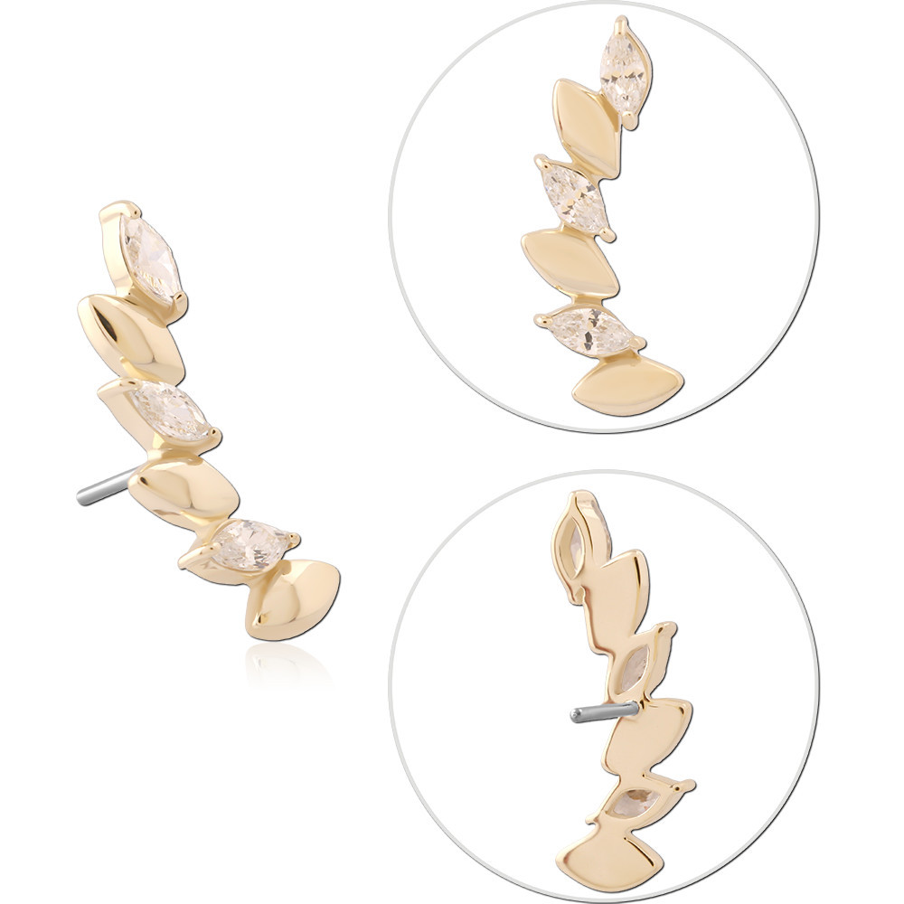 14K YELLOW GOLD TOP WITH TITANIUM THREADLESS PIN JEWELED CURVED LEAVES