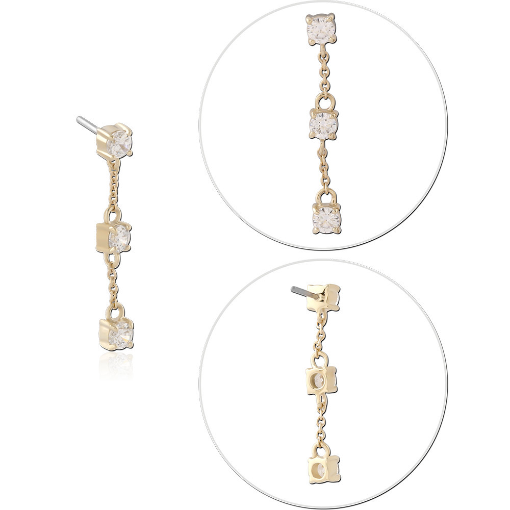 14K YELLOW GOLD THREADLESS TOP TRIPLE BEZEL CLEAR GEM CHAIN DANGLE