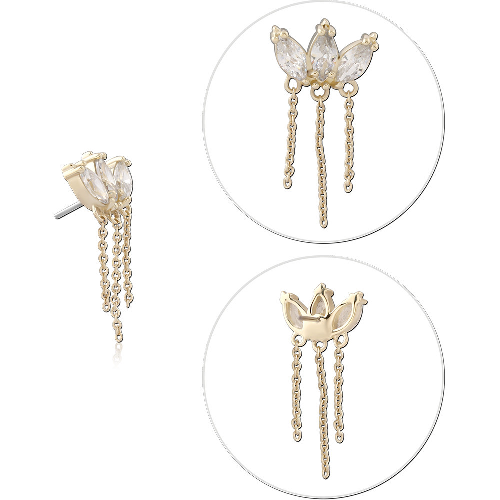 14K YELLOW GOLD THREADLESS TOP MARQUISE CLEAR GEM FAN WITH TRIPLE CHAINS