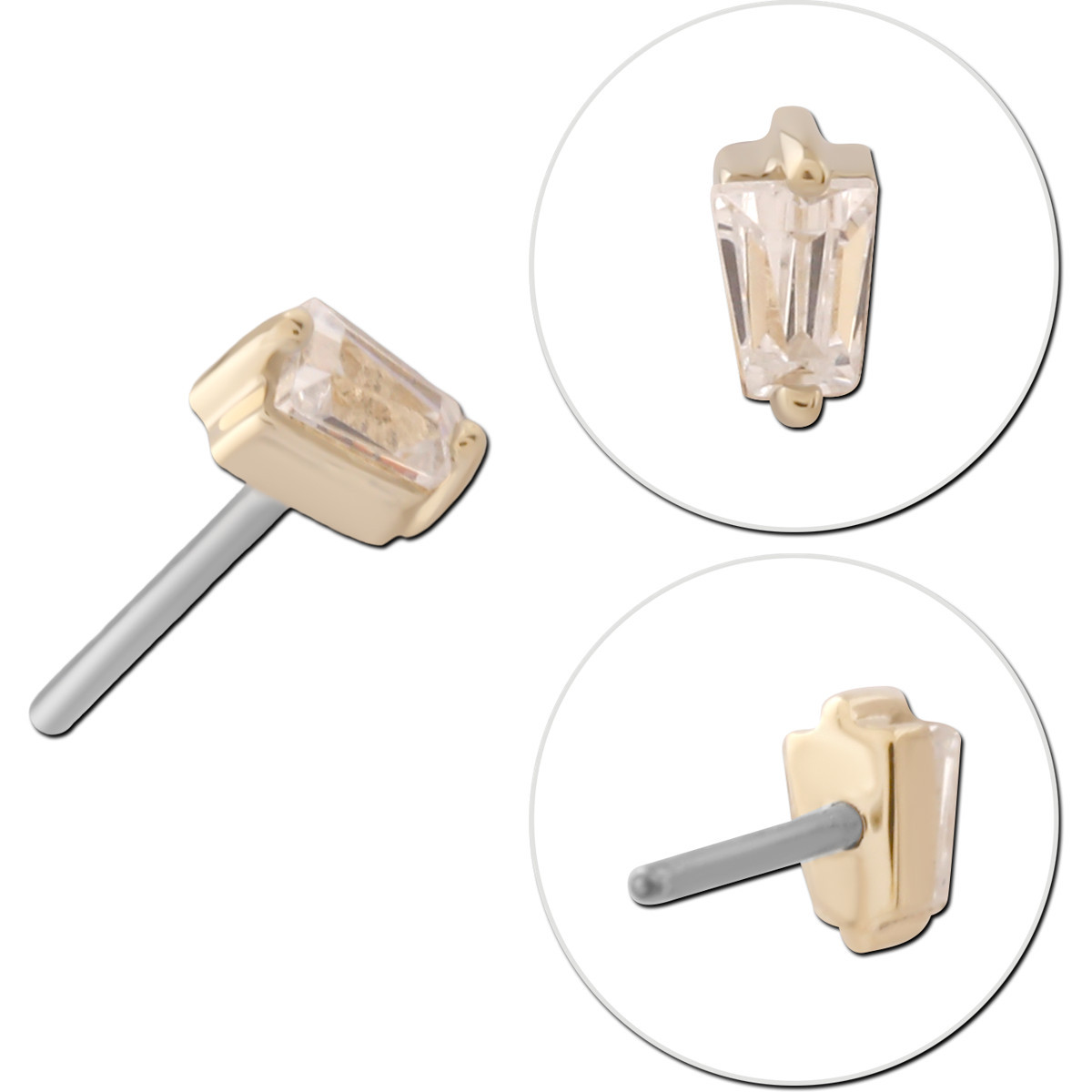 14K YELLOW GOLD TOP WITH TITANIUM THREADLESS PIN TAPERED BAGUETTE CLEAR GEM