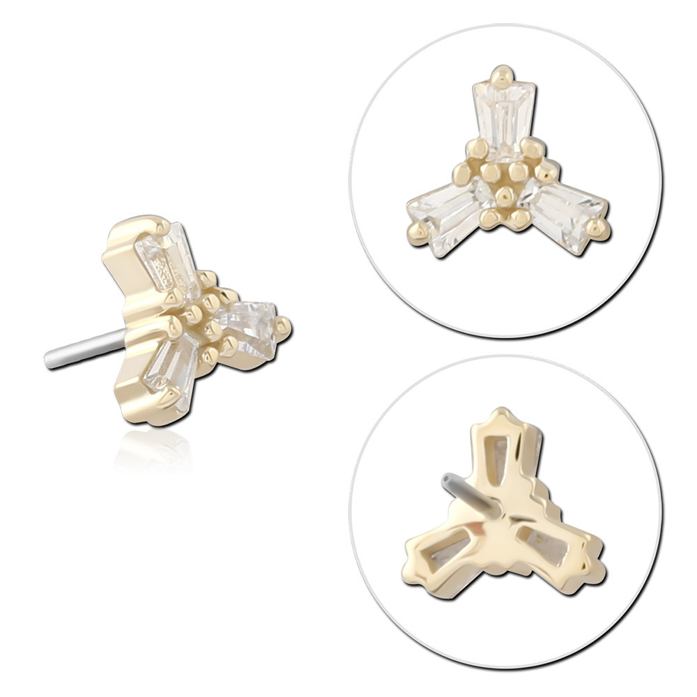 14K YELLOW GOLD TRINITY BAGUETTE GEM TOP WITH TITANIUM THREADLESS PIN
