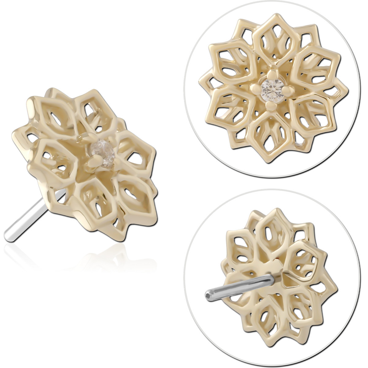 14K YELLOW GOLD THREADLESS TOP OPENWORK FLOWER WITH CENTER GEM