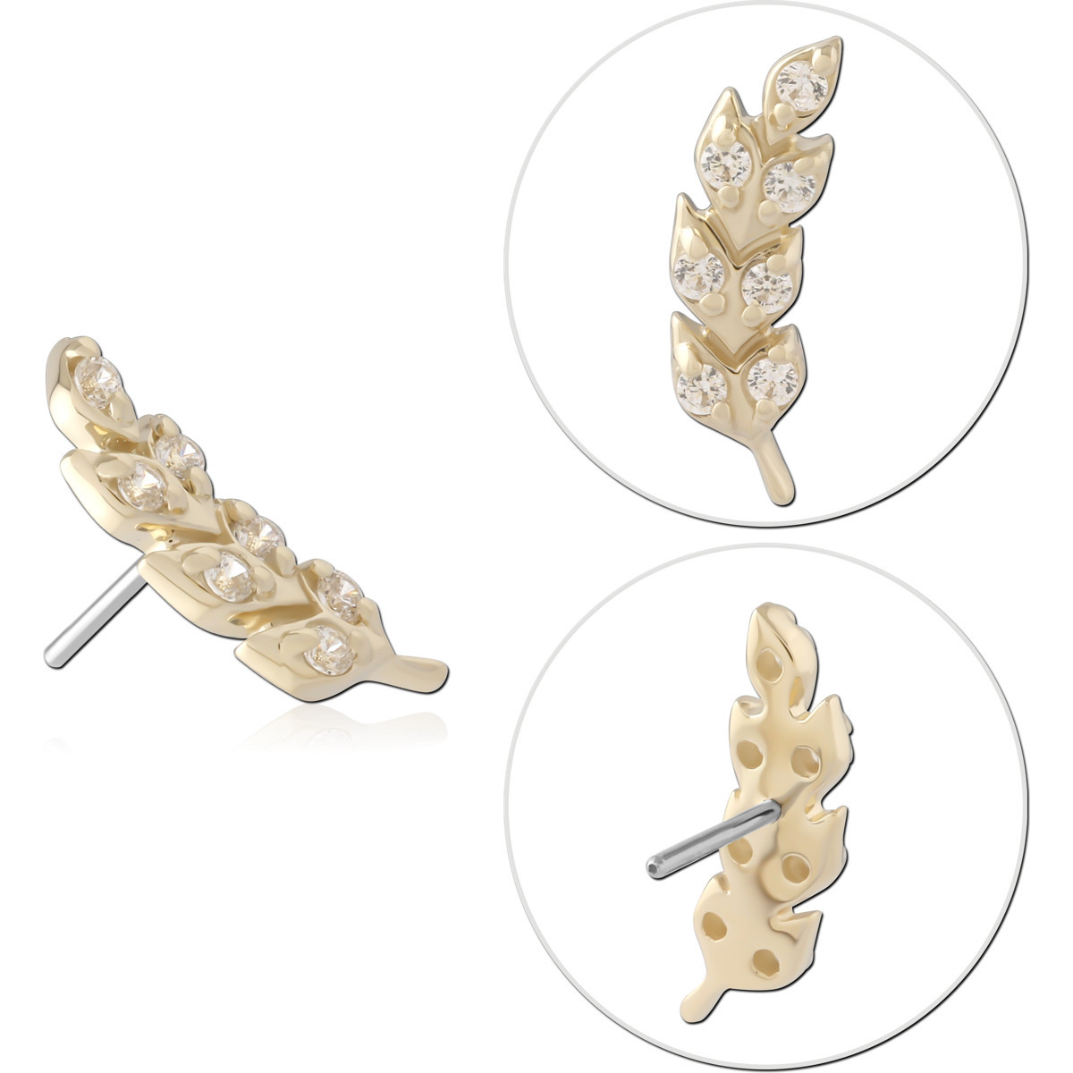 14K YELLOW GOLD THREADLESS TOP LEAF VINE WITH MULTIPLE CLEAR GEMS