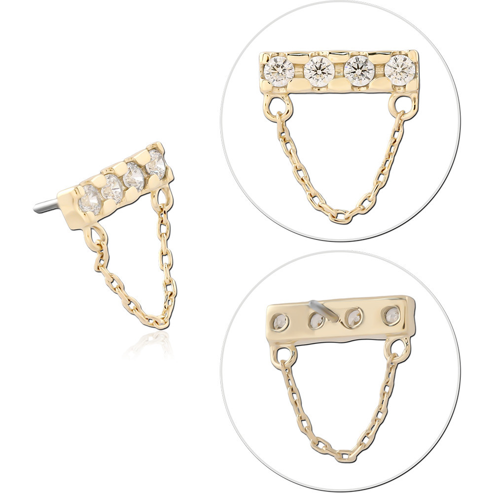 14K YELLOW GOLD THREADLESS ATTACHMENT TRIPLE GEM BAR WITH CHAIN DRAPE