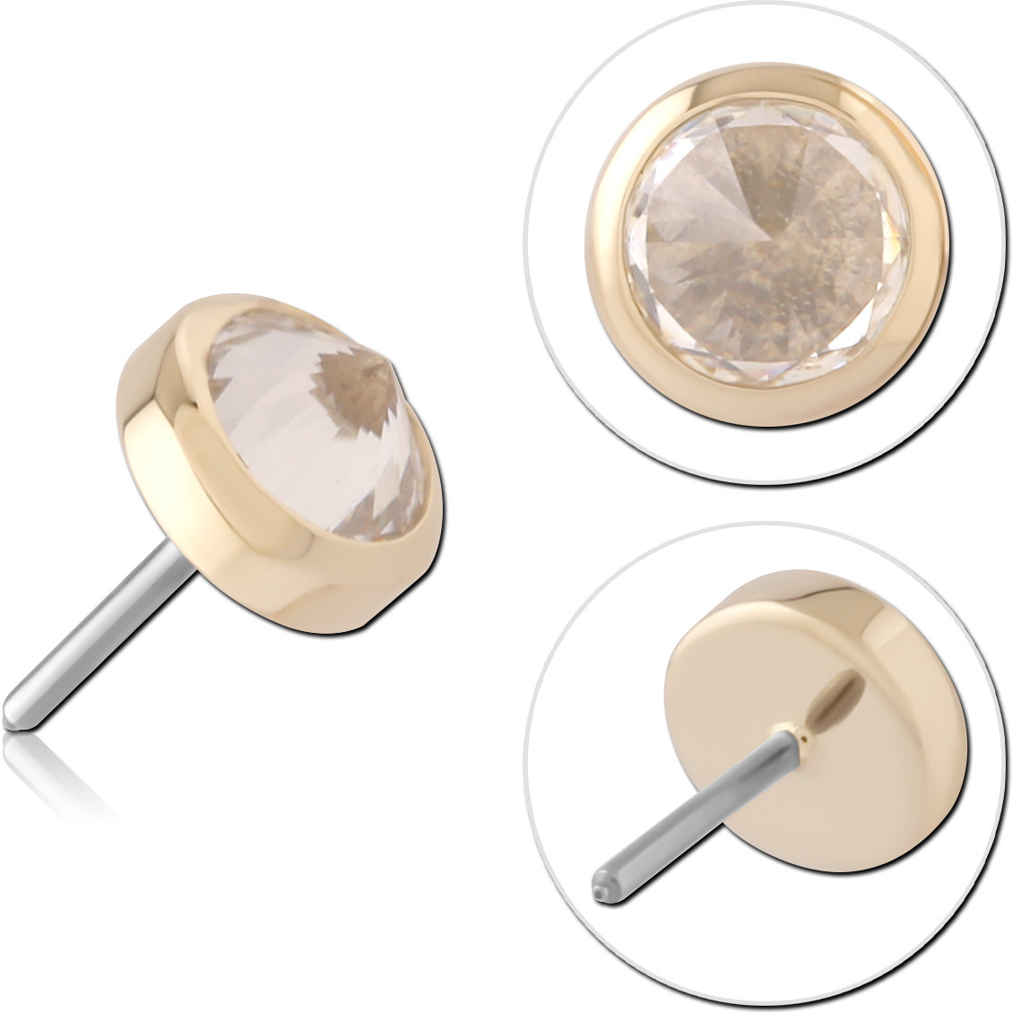 14K YELLOW GOLD TOP WITH TITANIUM THREADLESS PIN BEZEL ROUND CLEAR GEM