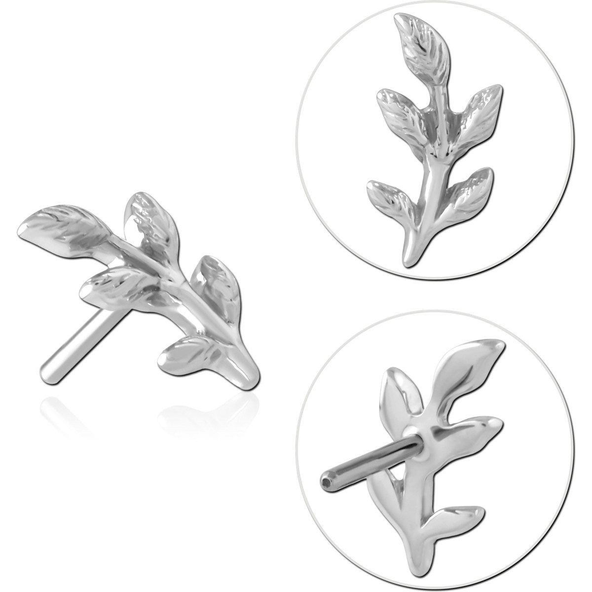 14K WHITE GOLD TOP WITH TITANIUM THREADLESS PIN LEAF BRANCH LEFT