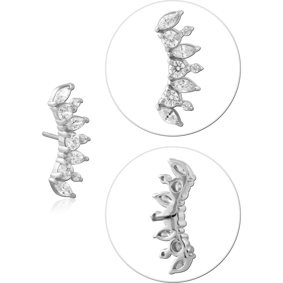 14K WHITE GOLD TOP WITH TITANIUM THREADLESS PIN CURVED MARQUISE AND ROUND GEMS