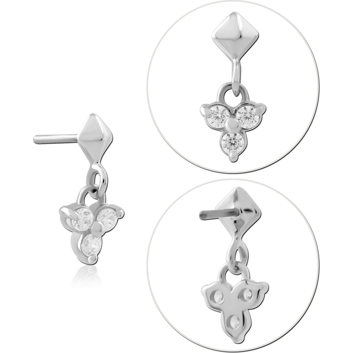 14K WHITE GOLD TOP WITH TITANIUM THREADLESS PIN TRIPLE GEM DANGLE