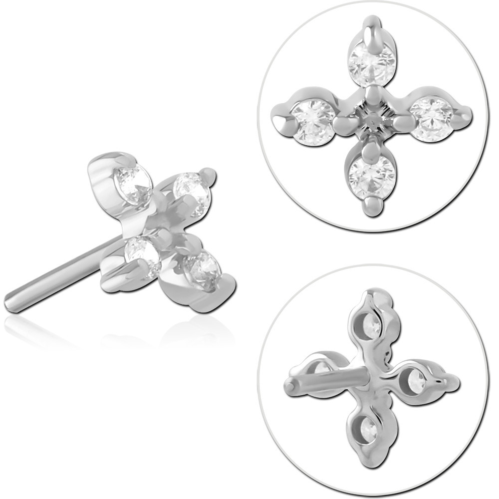 14K WHITE GOLD THREADLESS TOP FOUR GEM CROSS CLUSTER
