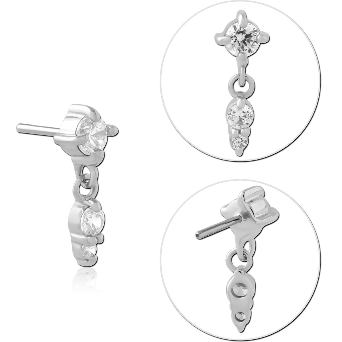 14K WHITE GOLD THREADLESS TOP THREE GEM DROP DANGLE