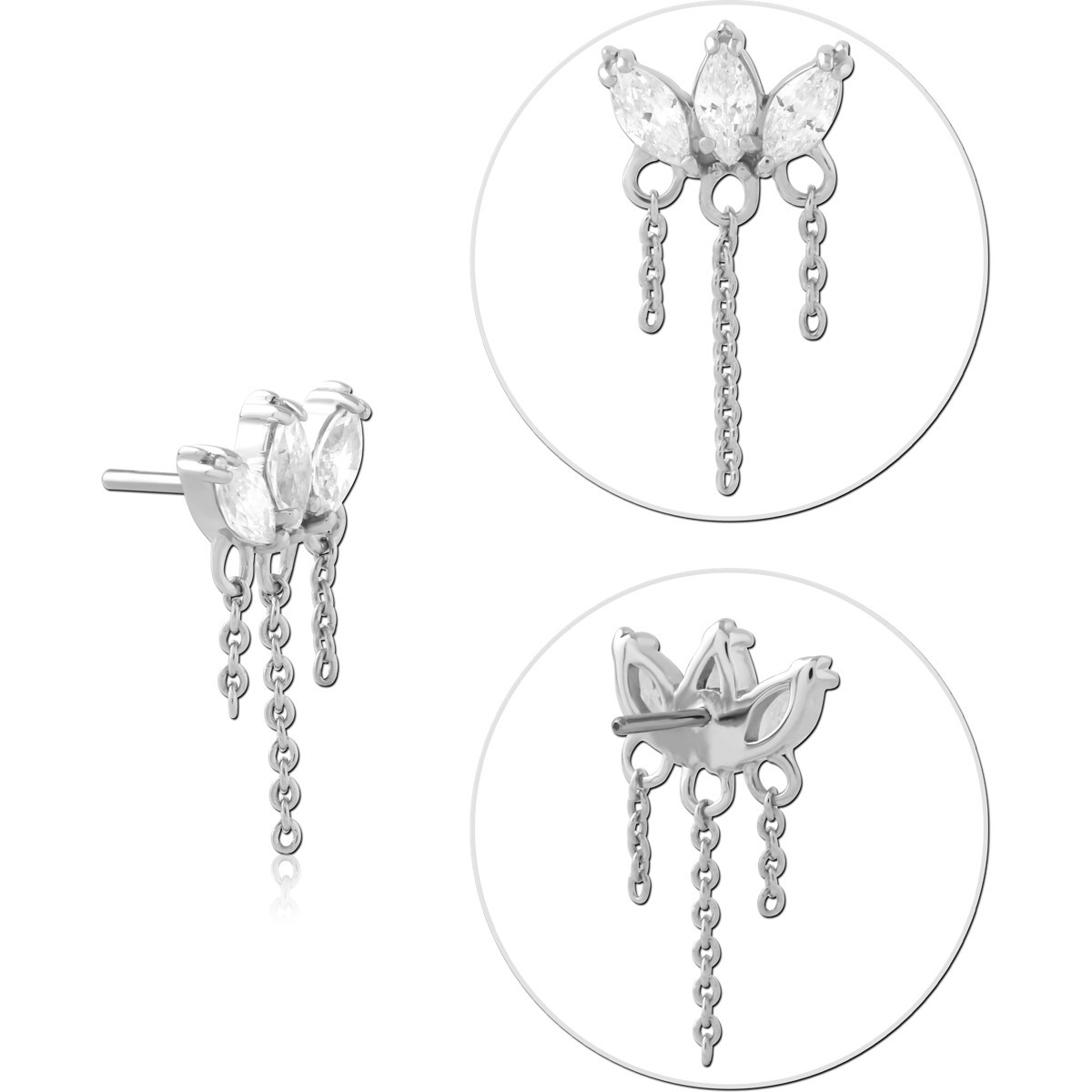 14K WHITE GOLD THREADLESS TOP TRIPLE MARQUISE GEM WITH CHAIN DANGLES