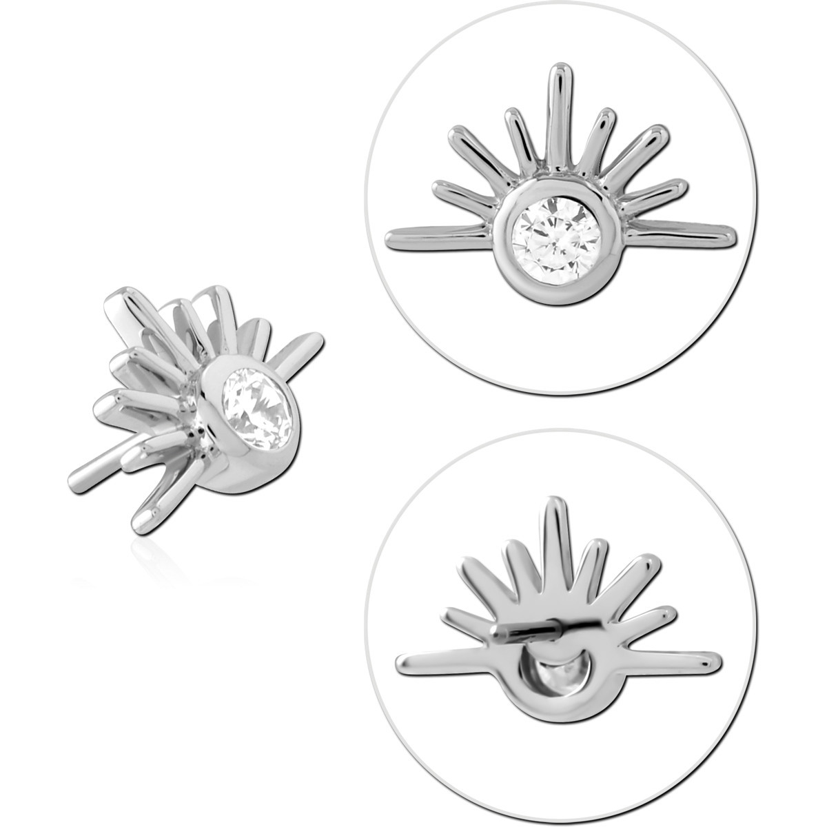 14K WHITE GOLD THREADLESS ATTACHMENT SUNBURST CENTER GEM RADIANT DESIGN