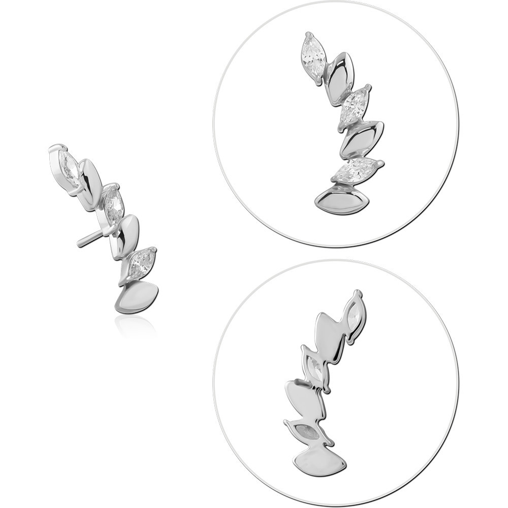 14K WHITE GOLD THREADLESS ATTACHMENT LEAF VINE CURVE MARQUISE GEMS RIGHT