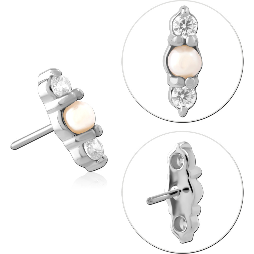 14K WHITE GOLD PEARL AND DOUBLE GEM TOP WITH TITANIUM THREADLESS PIN