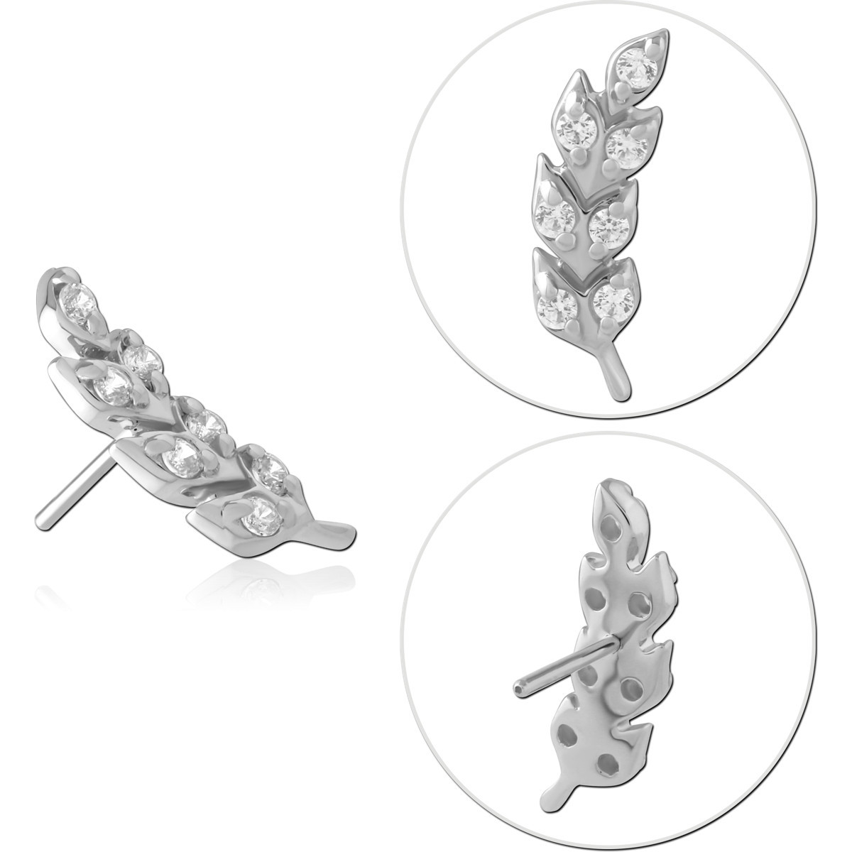 14K WHITE GOLD THREADLESS TOP LEAF VINE WITH MULTIPLE CLEAR GEMS
