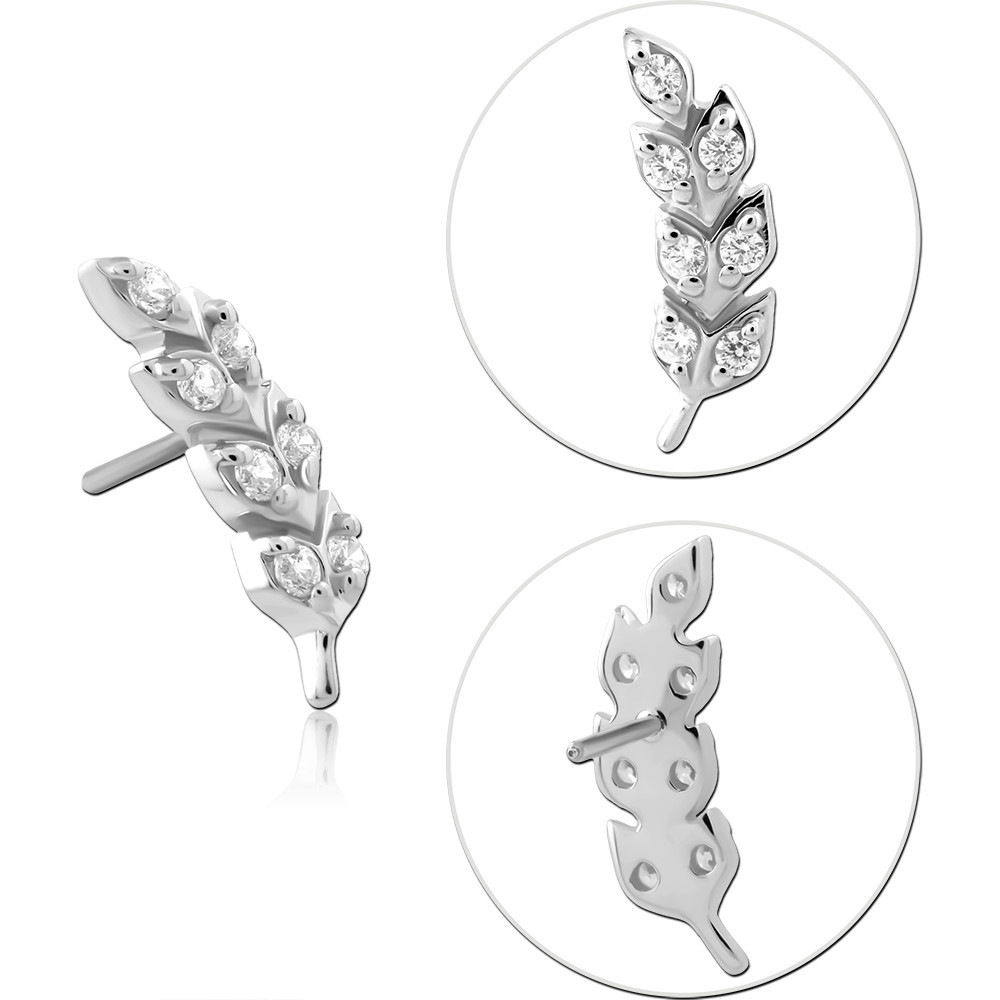 14K WHITE GOLD TOP WITH TITANIUM THREADLESS PIN JEWELED LEAF BRANCH