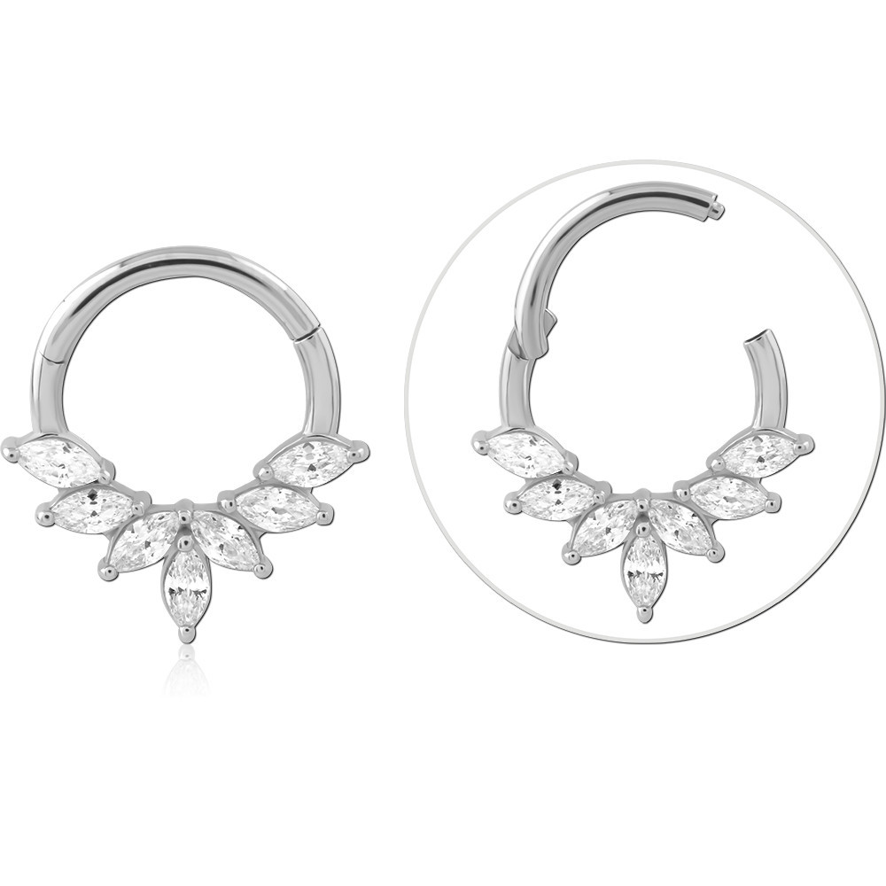 14K WHITE GOLD HINGED SEGMENT RING MARQUISE GEM FAN WITH TEARDROP GEM CHARM