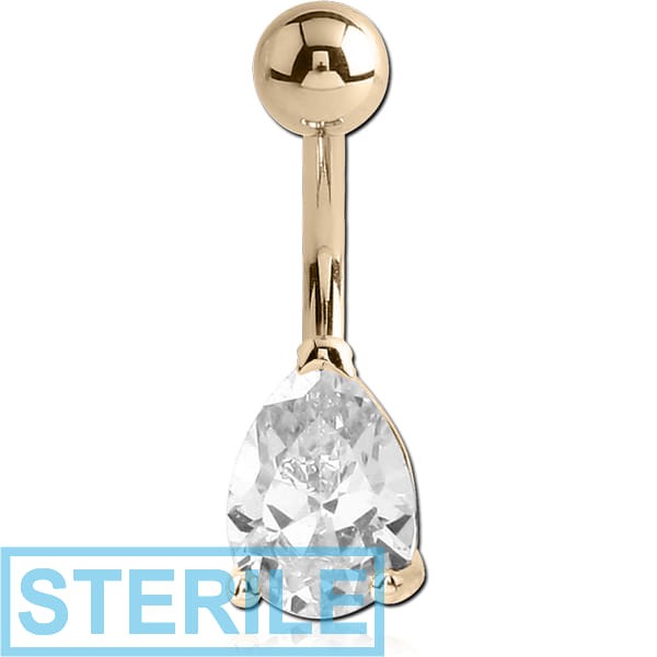 STERILE 14K GOLD TEAR DROP PRONG SET CZ NAVEL BANANA WITH HOLLOW TOP BALL