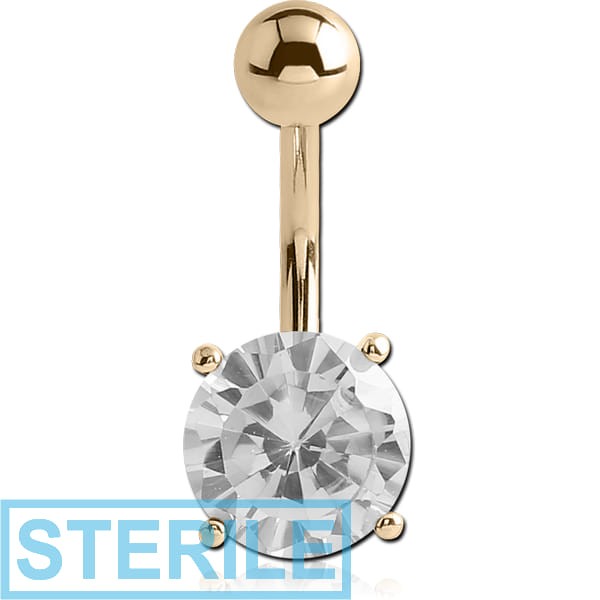STERILE 14K GOLD ROUND PRONG SET 6MM CZ NAVEL BANANA WITH HOLLOW TOP BALL
