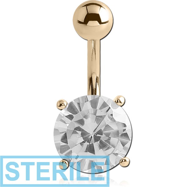 STERILE 14K GOLD ROUND PRONG SET 8MM CZ NAVEL BANANA WITH HOLLOW TOP BALL
