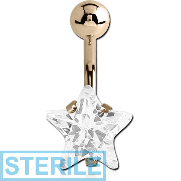 STERILE 14K GOLD STAR PRONG SET 10MM CZ NAVEL BANANA WITH HOLLOW TOP BALL