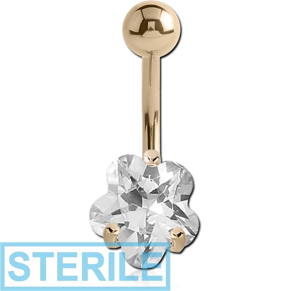 STERILE 14K GOLD FLOWER PRONG SET CZ NAVEL BANANA WITH HOLLOW TOP BALL