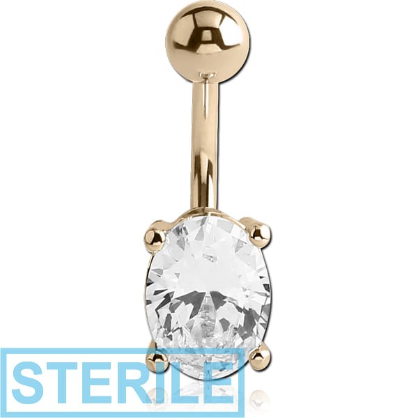 STERILE 14K GOLD OVAL PRONG SET 5X7MM CZ NAVEL BANANA WITH HOLLOW TOP BALL