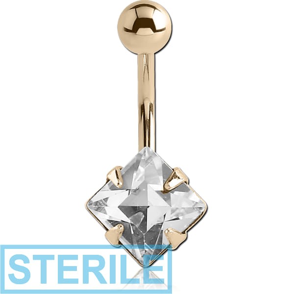 STERILE 14K GOLD SQUARE PRONG SET 8MM CZ NAVEL BANANA WITH HOLLOW TOP BALL