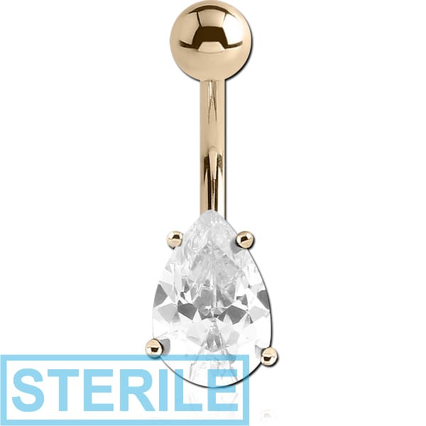 STERILE 14K GOLD PEAR PRONG SET 5X7MM CZ NAVEL BANANA WITH HOLLOW TOP BALL