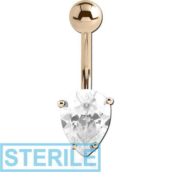 STERILE 14K GOLD INVERTED PEAR PRONG SET 5X7MM CZ NAVEL BANANA WITH HOLLOW TOP BALL