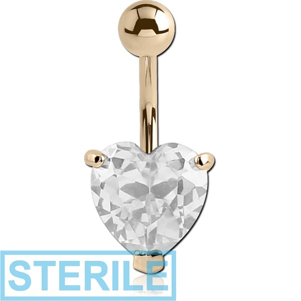 STERILE 14K GOLD HEART PRONG SET 10MM CZ NAVEL BANANA WITH HOLLOW TOP BALL