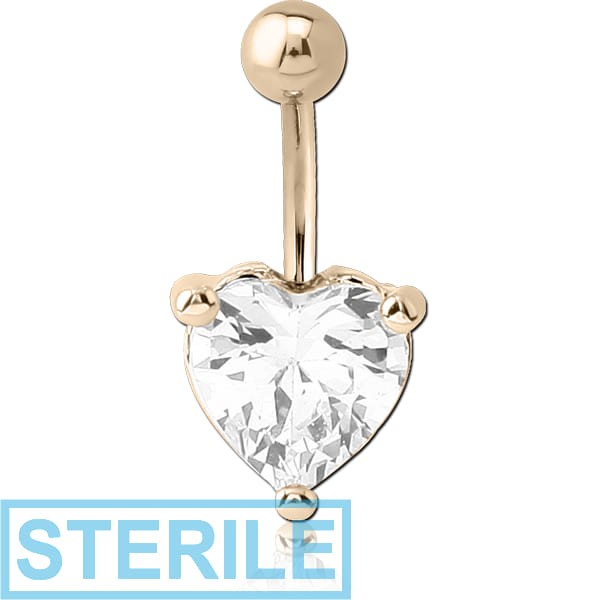 STERILE 14K GOLD HEART PRONG SET 8MM CZ NAVEL BANANA WITH HOLLOW TOP BALL