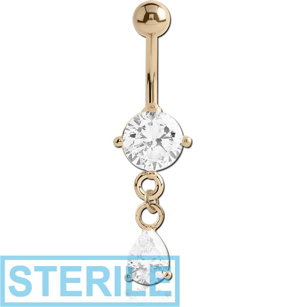 STERILE 14K GOLD OVAL CZ DANGLE NAVEL BANANA WITH HOLLOW TOP BALL