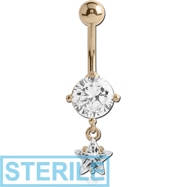 STERILE 14K GOLD STAR CZ DANGLE NAVEL BANANA WITH HOLLOW TOP BALL