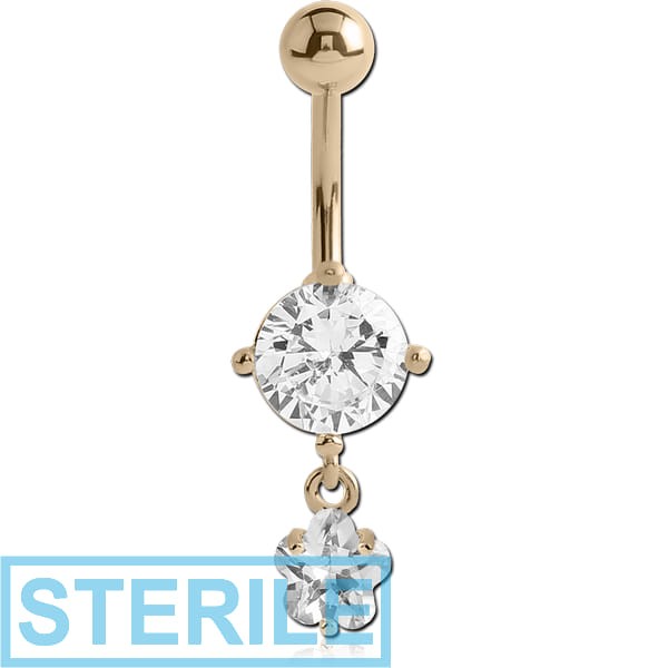 STERILE 14K GOLD FLOWER CZ DANGLE NAVEL BANANA WITH HOLLOW TOP BALL