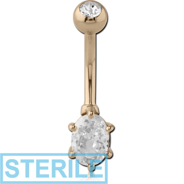 STERILE 14K GOLD OVAL PRONG SET CZ NAVEL BANANA WITH JEWELLED TOP BALL