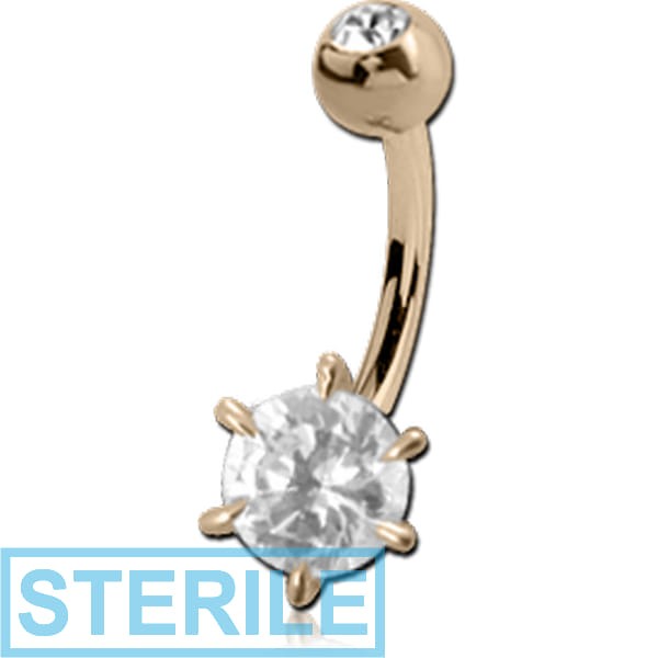 STERILE 14K GOLD ROUND PRONG SET CZ NAVEL BANANA WITH JEWELLED TOP BALL