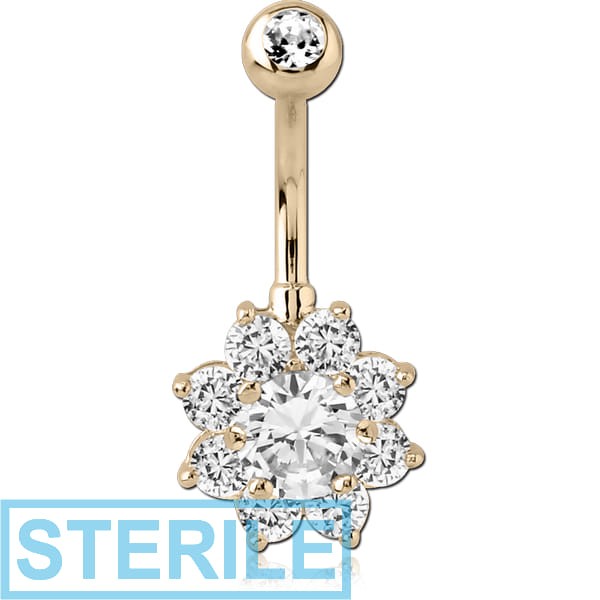 STERILE 14K GOLD FLOWER MULTI CZ NAVEL BANANA WITH JEWELLED TOP BALL