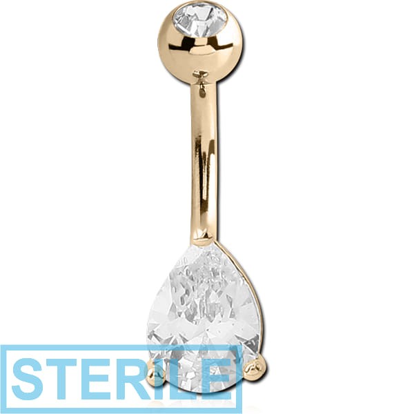 STERILE 14K GOLD TEAR DROP PRONG SET CZ NAVEL BANANA WITH JEWELLED TOP BALL