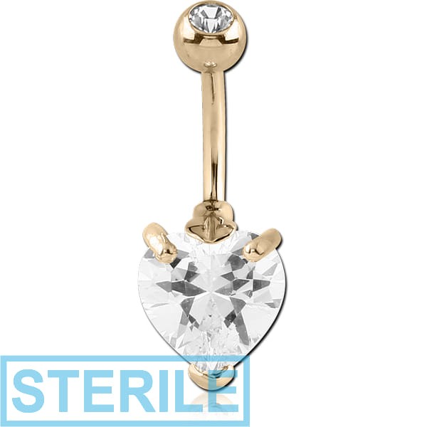 STERILE 14K GOLD HEART PRONG SET 5MM CZ NAVEL BANANA WITH JEWELLED TOP BALL